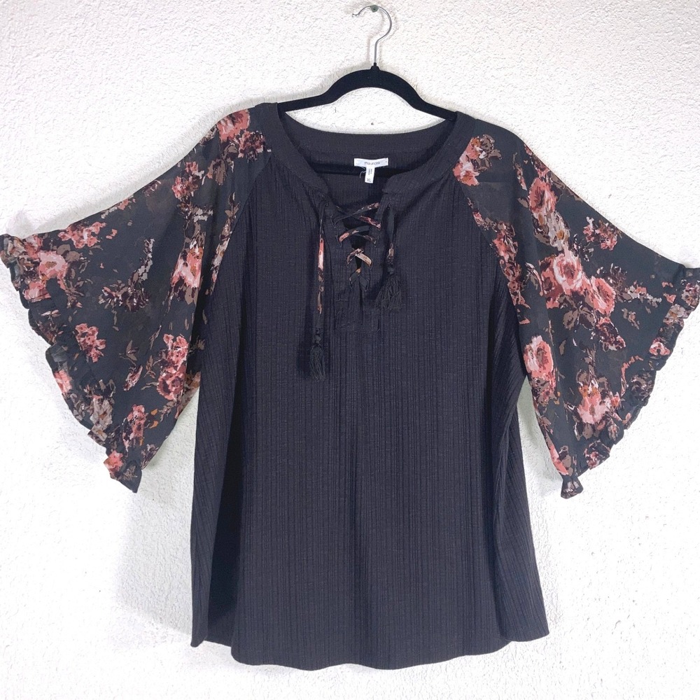 Maurices Floral Chiffon Bell Sleeve Ribbed Lace Up Top Charcoal Grey XL Boho